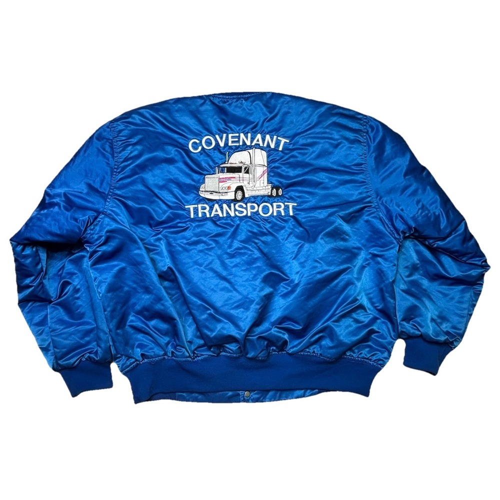 Vintage 80s Covenant Transport Trucking Quilted Bomber Satin Jacket 2XL USA Made